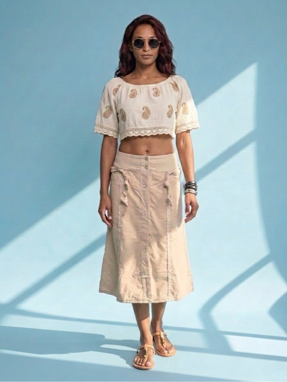 Trix&Rees Cream Midi Skirt with Tie Details Size M Summer Boutique NEW RARE